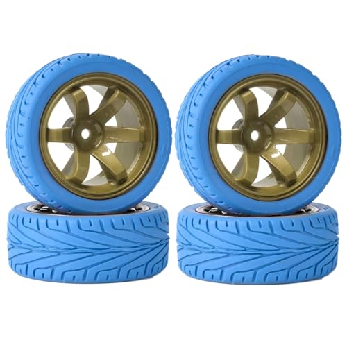 KINGCOO 65mm Gummireifen und Kunststoffräder Set,RC Auto Reifen und Rader Felgen 12mm Hex für 1/10 RC Auf Straße Racing Touring Auto für HSP HPI Kyosho Tamiya (Blau Gold) von KINGCOO