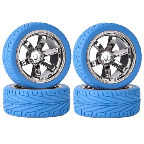 KINGCOO 65mm Gummireifen und Kunststoffräder Set,RC Auto Reifen und Rader Felgen 12mm Hex für 1/10 RC Auf Straße Racing Touring Auto für HSP HPI Kyosho Tamiya (Blau Grau) von KINGCOO