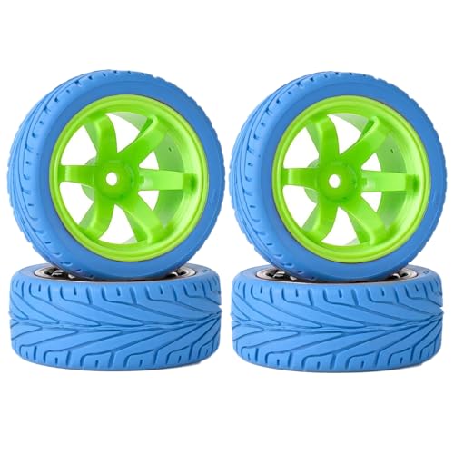 KINGCOO 65mm Gummireifen und Kunststoffräder Set,RC Auto Reifen und Rader Felgen 12mm Hex für 1/10 RC Auf Straße Racing Touring Auto für HSP HPI Kyosho Tamiya (Blau Grün) von KINGCOO