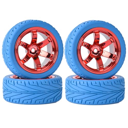 KINGCOO 65mm Gummireifen und Kunststoffräder Set,RC Auto Reifen und Rader Felgen 12mm Hex für 1/10 RC Auf Straße Racing Touring Auto für HSP HPI Kyosho Tamiya (Blau Rot) von KINGCOO