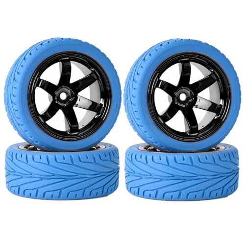 KINGCOO 65mm Gummireifen und Kunststoffräder Set,RC Auto Reifen und Rader Felgen 12mm Hex für 1/10 RC Auf Straße Racing Touring Auto für HSP HPI Kyosho Tamiya (Blau Schwarz) von KINGCOO