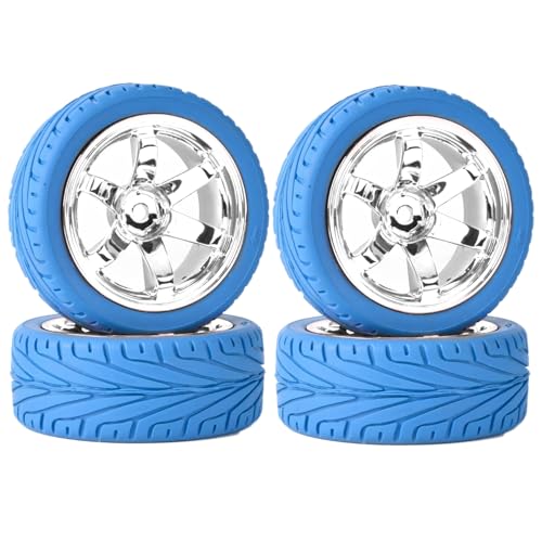 KINGCOO 65mm Gummireifen und Kunststoffräder Set,RC Auto Reifen und Rader Felgen 12mm Hex für 1/10 RC Auf Straße Racing Touring Auto für HSP HPI Kyosho Tamiya (Blau Silber) von KINGCOO