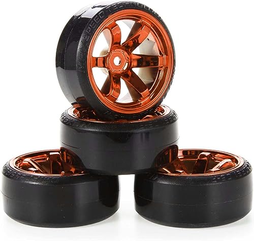 KINGCOO RC Drift Auto Rad und Reifen, 4PCS 63mm Harte Reifen Kunststoff Felgen für 1/10 On-Road Racing Driften Auto Ersatzteile für HSP Tamiya HPI Kyosho (Orange) von KINGCOO