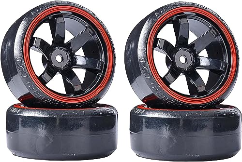 KINGCOO RC Drift Auto Rad und Reifen, 4PCS 63mm Harte Reifen Kunststoff Felgen für 1/10 On-Road Racing Driften Auto Ersatzteile für HSP Tamiya HPI Kyosho (Schwarz/Rot) von KINGCOO