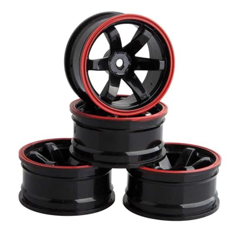 Rc Radnabe,KINGCOO 4Stück Kunststoff 6-Speichen Felgen Räder Durchmesser 52mm für 1/10 RC On Road Tourenwagen Crawler Drift Rallye Auto Ersatzteile 1.9inch Reifen (Schwarz Rot) von KINGCOO