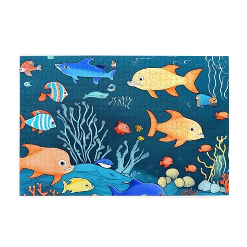 KINGNOYI Blaue Unterwasserwelt der Fische Puzzles1000 Teile Pädagogische Intellektuelle Holzpuzzles, lustige Puzzles, Stressabbau-Puzzles, Weiß von KINGNOYI