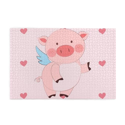 KINGNOYI Cartoon Flying Pig Jigsaw Puzzles1000 Teile Pädagogische Intellektuelle Holzpuzzles Lustige Puzzles Stressabbau-Puzzles Weiß von KINGNOYI