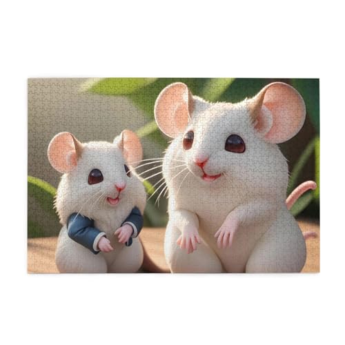 KINGNOYI Mutter und Kind Ratten Puzzles1000 Teile Pädagogische Intellektuelle Holzpuzzles Lustige Puzzles Stressabbau Puzzles, Weiß von KINGNOYI