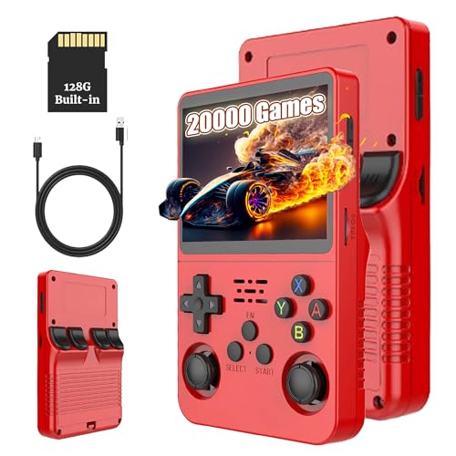 R36S Retro Handheld Game Console, 3,5-Zoll-IPS-Bildschirm, 128G, 40000+ Spiele, Tragbare Spielkonsole für Kinder und Erwachsene, Unterstützt mehrere Emulatoren, WEIß (HELLROT) von KINMRIS