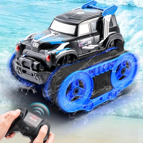 KINSAM Amphibienfahrzeug Ferngesteuertes Auto, All-Terrain Kettenfahrzeug für Kinder ab 4 5 6 7 8 9 Jahr, 360° Drehung, 2.4GHz, mit Akku, Geschenk für Jungen (Blaue Monstertruck Edition 2025) von KINSAM