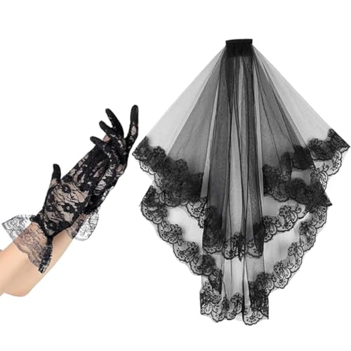 KINSPON Halloween-Set, schwarzer Spitzenschleier und Handschuhe, elegantes Tüll-Kostüm, Zubehör, Kopfschmuck für Damen, Maskerade, Party-Outfit von KINSPON