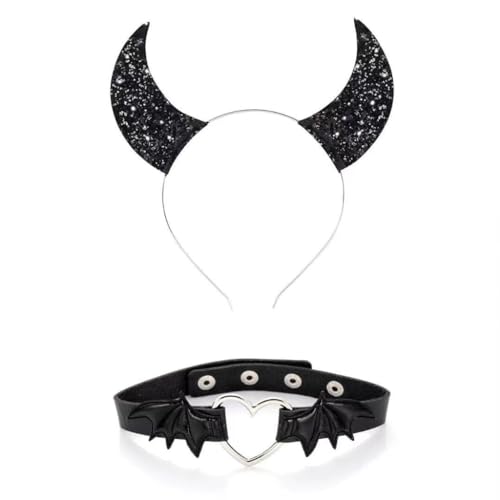 KINSPON Kopfbedeckung, Punk-Kopfschmuck, Fledermausflügel, Halloween-Haarreifen + Choker, Teufelsflügel, cooles Mädchen, Fledermausflügel, Themen-Zubehör von KINSPON