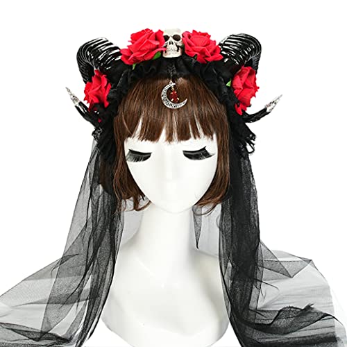 KINSPON Kopfbedeckung Halloween Haarreifen Horn Stirnband Spitze Rose Schädel Schleier Kopfschmuck Kunstblume Stirnbänder Cosplay Haarschmuck von KINSPON