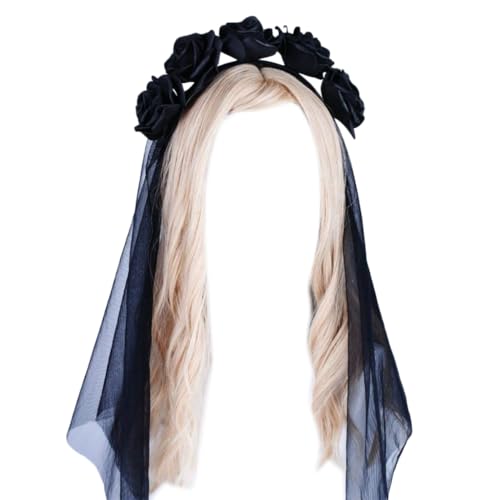 KINSPON Kopfbedeckung Halloween Langer Schleier Stirnband Rose Blume Schleier Haarband Cosplay Kostüm Kopfschmuck Frauen Haarschmuck von KINSPON