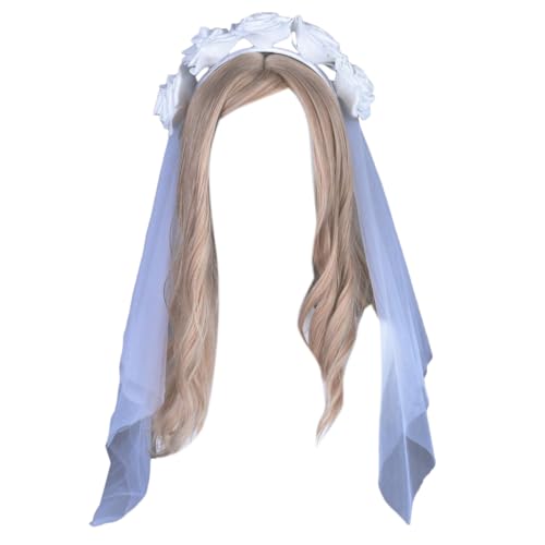 KINSPON Kopfbedeckung Halloween Langer Schleier Stirnband Rose Blume Schleier Haarband Cosplay Kostüm Kopfschmuck Frauen Haarschmuck von KINSPON