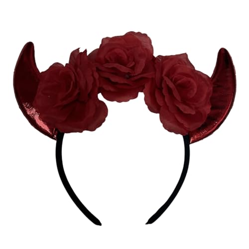 KINSPON Kopfbedeckung Halloween Rose Horn Stirnbänder Blume Schleier Haarbänder Elastische Horror Haarreifen für Hexe Vampire Kostüme von KINSPON