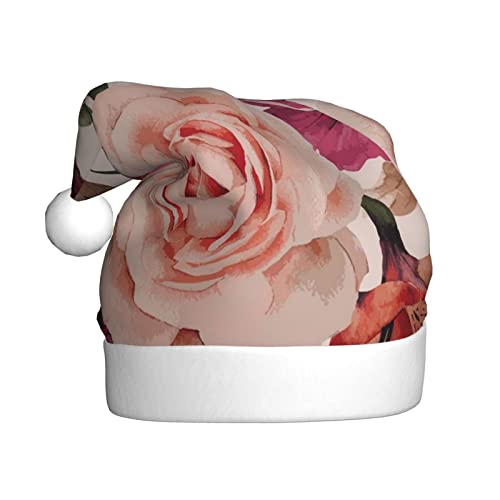 KIROJA Weihnachtsmütze mit rosa Blumen- und Rosen-Aufdruck, Plüsch, Weihnachtsmütze für Erwachsene, Weihnachten, Party, Weihnachten, Heimdekoration von KIROJA