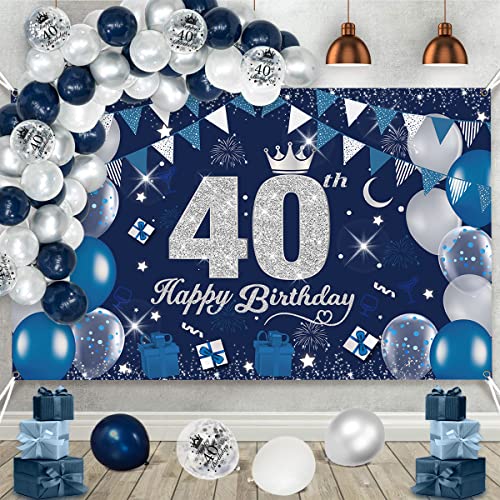 40 Geburtstag Dekoration Männer Banner Blau, Extra Große 40. Geburtstag Banner Poster Navy Blau und Silber Deko 40. Geburtstag Konfetti Luftballons, 40 Geburtstag Männer Deko Banner (190X120cm) von KISPATTI