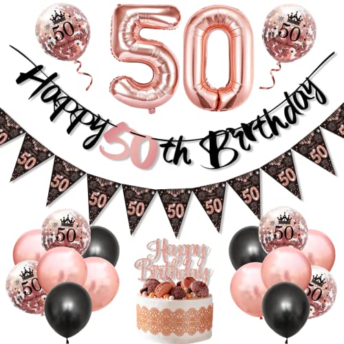 50 Geburtstag Deko Frauen, Luftballon 50. Geburtstag Dekoration Rosegold Schwarz Mit Wimpelkette Banner, Happy Birthday Girlande Schwarz Rosegold Luftballons Geburtstag Frau Konfetti Luftballons von KISPATTI