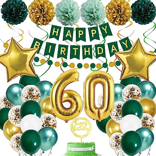 60 Geburtstag Deko Frauen Mann, 60. Geburtstag Dekoration Grün Gold 60 Geburtstagdeko Luftballons 60 Happy Birthday Banner 60. Geburtstag Konfetti Luftballons für 60 Geburtstagdeko Frauen Mann von KISPATTI