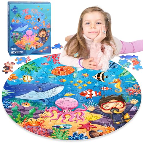 Bodenpuzzle für Kinder ab 3-8 Jahre, Unterwasserwelt Kinderpuzzle, 71 Teile Puzzle für Kinder ab 3 Jahren, Große Rundes Puzzle, Puzzle Geschenke für 3+ Jahre Jungen Mädchen von KISPATTI