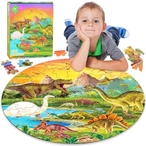 Dinosaurier Bodenpuzzle für Kinder, 71 Teile Riesen Kinderpuzzle, Große Rundes Dinosaurier Puzzle, Dino Puzzle für Kinder ab 8 Jahren, Jigsaw Puzzle von 3-8 Jahre, Geschenk für Jungen Mädchen von KISPATTI