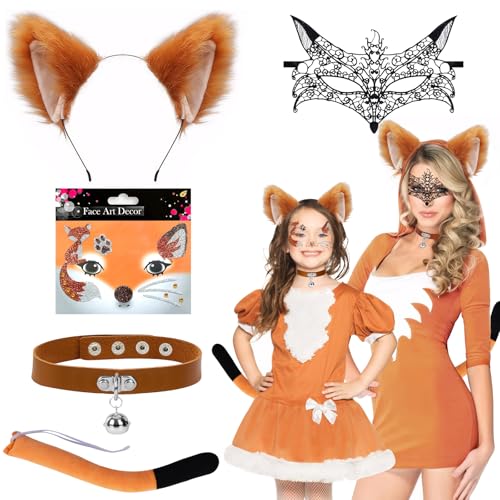 Fuchs Kostüm Set, 5 Stück Fuchs Kostüm Damen Fuchs Kostüm Kinder,Fuchs Ohren Fuchsohren Haarreif,Fuchsschwanz,Fuchs Maske,Glocke Halskette,Fox Tattoo Gesicht für Faschingskostüm,Tierkostüm,Halloween von KISPATTI