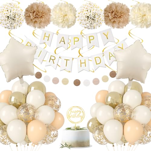 Geburtstag Dekorationen für Frauen Mädchen,Sand Weiß Gold Geburtstag Dekorationen,Happy Birthday Girlande Party Dekorationen,Beige Gold Ballons Pompom Kuchen Dekorationen,Baby Dusche Dekorationen von KISPATTI