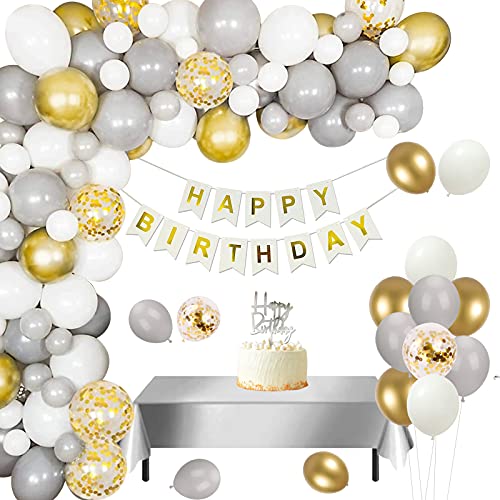 Geburtstagsdeko Geburtstag luftballons 86 Stück Weiß Grau Gold Ballon Konfetti Ballon Alles Gute zum Geburtstag mit Silber Tischdecke, Alles Gute zum Geburtstag Banner Cake Topper für Mädchen von KISPATTI