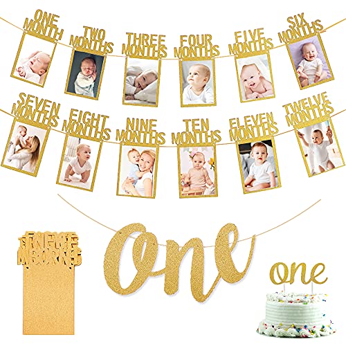 KISPATTI 1 Geburtstagsdeko, 1 Geburtstags Foto Banner Gold 1 bis 12 Monate Foto Banner One Banner One Cake Topper für Jungen Mädchen Geburtstag Babyparty Partydekorationen von KISPATTI