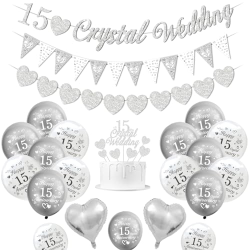 Kristall Hochzeit deko, 15 Hochzeitstag Dekorationen, 15 Kristall Hochzeitsbanner, Happy 15th Anniversary Luftballons silberweiße Luftballons Herzballons 15 Crystal Wedding tortenaufsatz von KISPATTI