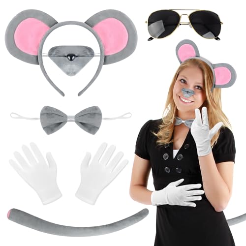 Maus Kostüm Set, 6 Stück Mauskostüm Damen Tierkostüm Erwachsene,Maus Ohren Mäuseohren Haarreif,Ratte Schwanz,Nase,Fliege,Sonnenbrille,Handschuhe für Faschingskostüm,Karneval,Halloween Cosplay Party von KISPATTI