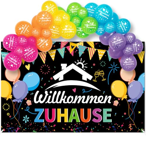 Willkommen Zuhause Deko, Willkommen Zuhause Hintergrund Banner Welcome Home Banner, mit Willkommen Zurück Banner und Luftballons, für Heimkehr, Familie, Rückkehr Familienfeiern Party Deko von KISPATTI