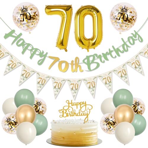 70. Geburtstag Mädchen, 70 Geburtstagsdeko Mädchen Frauen, Grün Gold Luftballon 70. Geburtstag Deko Mit Wimpelkette Banner, 70 Happy Birthday Banner für Frauen Mann 70. Geburtstag von KISPATTI