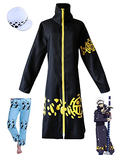 KITAT Anime Cosplay Kostüm Einteiler Trafalgar Law Cloak Hut Chirurg Uniform Outfits Halloween Party Unisex Mantel (Large, Coat + Hose + Hut) von KITAT