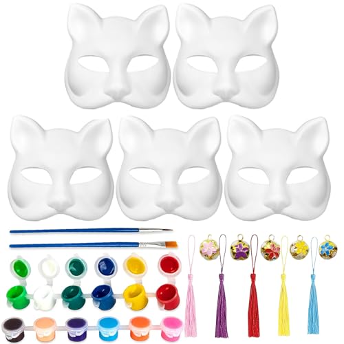 KITRDOOR 5 Stück DIY weiße Papiermaske Katze Gesicht Zellstoff blanko handbemalt Maske Persönlichkeit Design Maske für Tanz Party Festival Performance Cosplay Halloween Masken von KITRDOOR