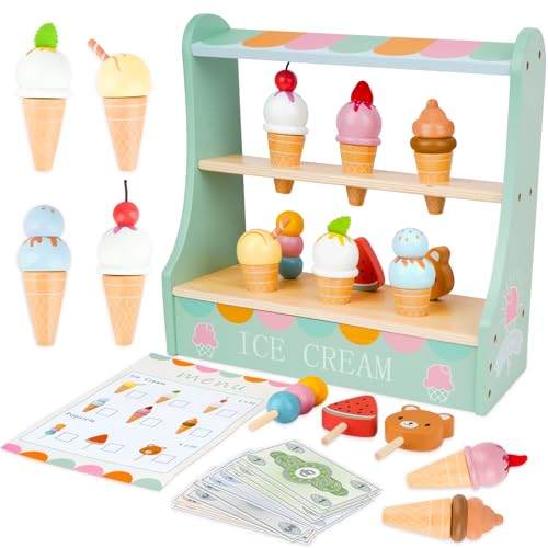 Eisdiele Kinder Holz, Eisladen EIS Holzspielzeug für Kinder, Kinderküche & Kaufladen Zubehör,Eisdiele für Rollenspiele, Montessori Spielzeug ab 3 4 5 6 Jahre,Weihnachts Geschenk Mädchen 3 4 5 6 Jahren von KIYTARBOO