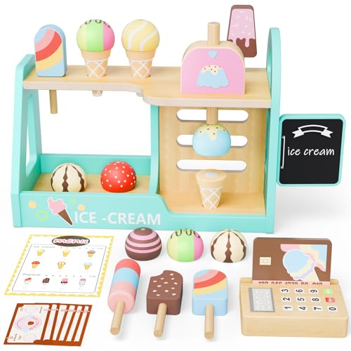 Eisladen Eisdiele Kinder Holz, EIS Holzspielzeug Eistheke Kinder Holz Spielzeug Mädchen 3 4 5 6 Jahre, Kinderküche Zubehör Montessori Holzspielzeug Geschenk Mädchen Jungen von KIYTARBOO