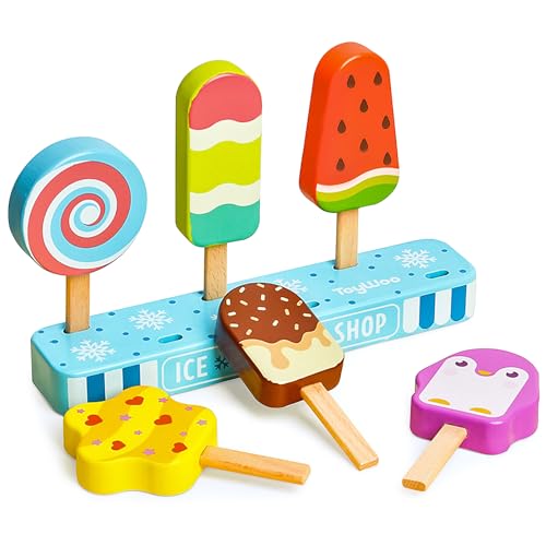 KIYTARBOO Eisdiele, Eisladen Kinder Holz,6 Pcs EIS am Stiel, EIS Spielzeug für Kinder, Montessori Spielzeug ab 3 4 5 6 Jahre,Kaufladen Zubehör Geschenk Mädchen Jungen 3 4 5 6 Jahren von KIYTARBOO