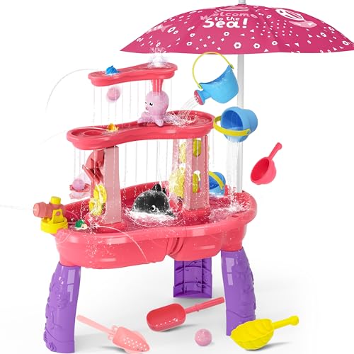 Wasserspieltisch Sandspielzeug Sand-und Matschtisch Spielzeug für Kinder 3+ Jahre, 3-Tier & Elektrische Wasserpumpe Wassertisch Kinder Outdoor für Jungen und Mädchen 2 3 4 5 6 7 8 Jahre Alt (Rosa) von KIZJORYA