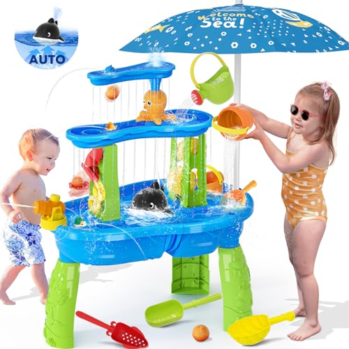 Wasserspieltisch Sandspielzeug Sand-und Matschtisch Spielzeug für Kinder 3+ Jahre, 3-Tier & Elektrische Wasserpumpe Wassertisch Kinder Outdoor für Jungen und Mädchen 2 3 4 5 6 7 8 Jahre Alt (Blau) von KIZJORYA