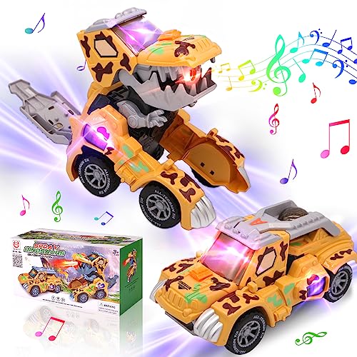 KJIXYUNG Automatisches Dinosaurier-Verwandlungsauto mit Musik und LED-Licht – Verwandlungsautos für Jungen – deformiertes Dinosaurier-Autospielzeug für Kinder im Alter von 3–5 Jahren – Geburtstag von KJIXYUNG