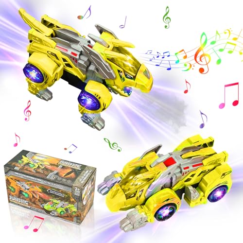 KJIXYUNG Dinosaurier-Transformatorauto, automatisches Nebelspray, Dinosaurier-Transformatorauto mit Musik und LED-Licht,deformiertes Dinosaurier-Autospielzeug für Kinder (Gelb) von KJIXYUNG