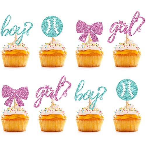 24 Stück – Cupcake-Topper für Jungen oder Mädchen, rosa & blau, Glitzer, Babyparty, Cupcake-Picks, Schleifen oder Baseball/Er oder sie Kuchendekorationen für Geschlechtsoffenbarung/erste Geburtstagsparty von KKAIRA