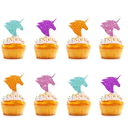 24 Stück – Einhorn-Cupcake-Topper, Blau & Pink & Lila & Orange Glitzer Babyparty Cupcake Picks, Kuchendekorationen für Baby zum ersten Geburtstag/Geschlechtsoffenbarung Party von KKAIRA