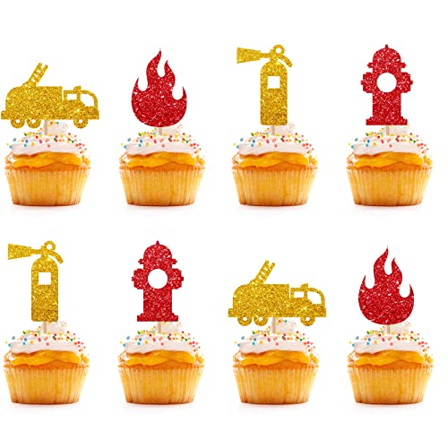 24 Stück – Feuerwehrmann Cupcake-Topper, Gold & Rot Glitzer Babyparty Cupcake Picks, Kuchendekorationen für Feuerwehrmann Kindergeburtstag/Happy 1st Birthday Party von KKAIRA