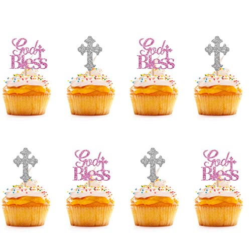 24 Stück – Gott Segen und Kreuz Cupcake-Topper, rosa & silber Glitzer Babyparty Cupcake Picks, Kuchendekorationen für Taufe/christliche religiöse Party von KKAIRA