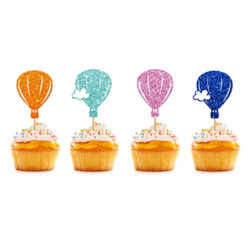 24 Stück – Heißluftballon-Cupcake-Topper, Blau & Rosa & Orange Glitzer Babyparty Cupcake Picks, Kuchendekorationen für Reisen/Abschlussfeier Mottoparty von KKAIRA