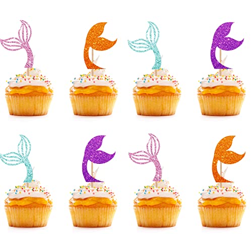 24 Stück – Meerjungfrauenschwanz Cupcake-Topper, Pink & Blau & Lila & Orange Glitzer Babyparty Cupcake Picks, Kuchendekorationen für Geburtstag/Geschlechtsoffenbarung Party von KKAIRA