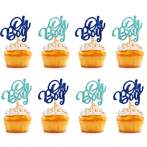 24 Stück – Oh Boy Cupcake-Topper, Marineblau & Himmelblau Glitzer Babyparty Cupcake Picks, Kuchendekorationen für Jungen zum ersten Geburtstag/Geschlecht Reveal Party von KKAIRA